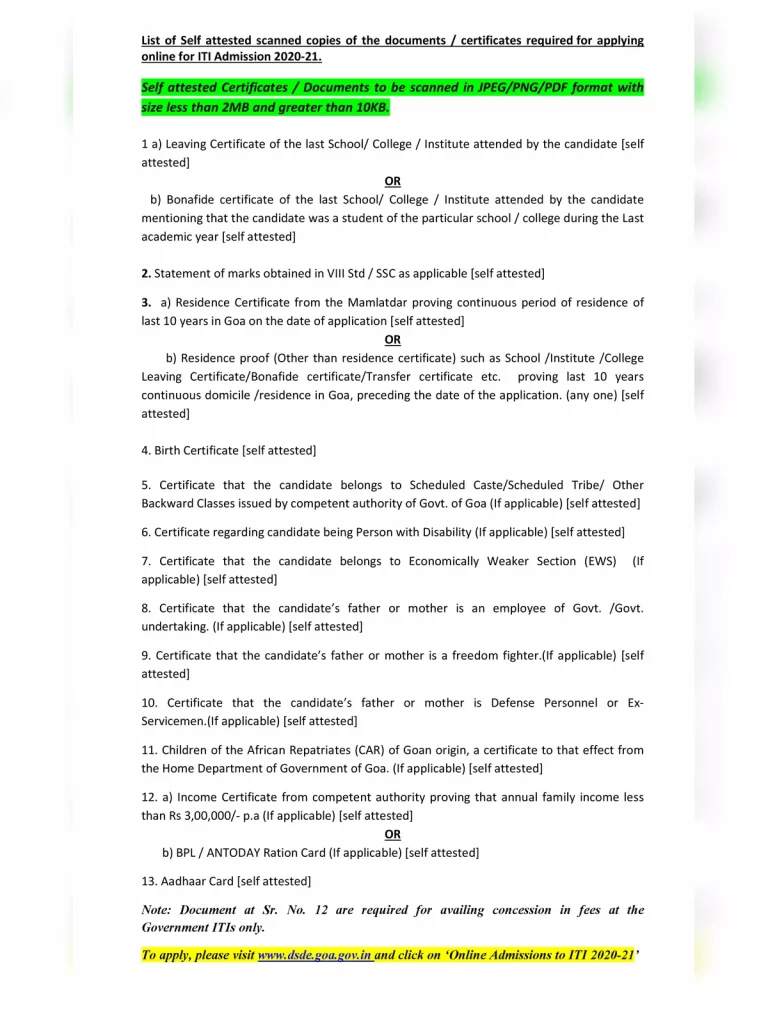ITI Admission Document List PDF